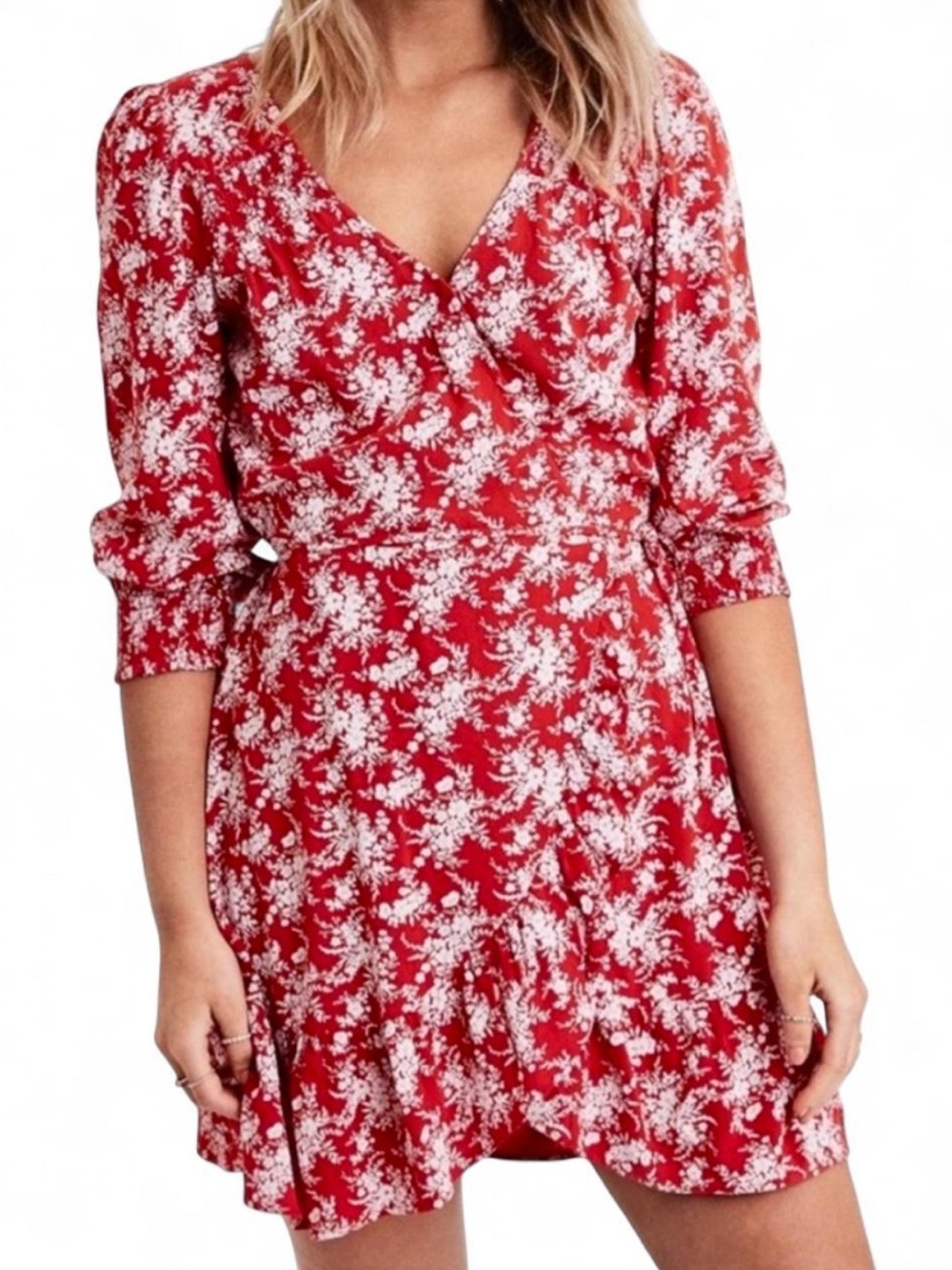 American Eagle Floral Babydoll Picnic Wrap Long Sleeve Mini Dress W/Ruffled Hem